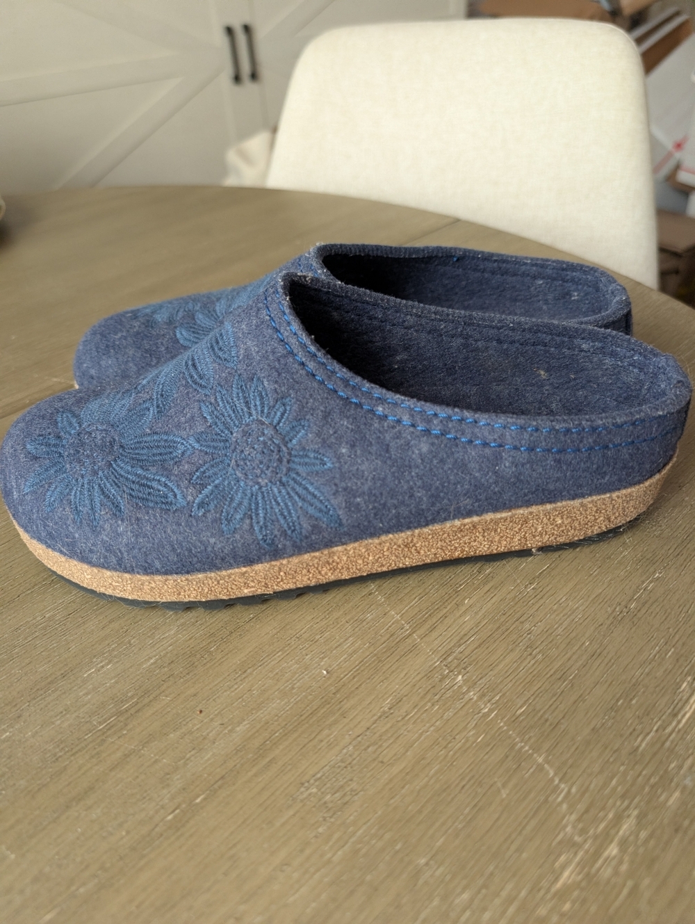 Haflinger Navy Blue Wool Embroidered Floral Clogs Slippers EU 41 Made in Germany - Picture 2 of 9